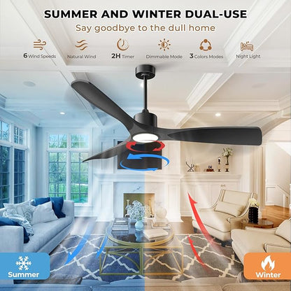 52"Smart Ceiling Fan with Lights,Outdoor Ceiling Fan Work with Alexa/Gg/App/Remote,3-Color Light Dimmable 6-Speed Quiet Reversible for Patio Porch Bedroom,Black
