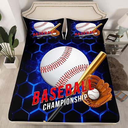 Manfei Baseball Sheet Set Full Size, Ball Games Sports Themed Bed Sheet Set 4pcs with Deep Pocket Fitted Sheet + Flat Sheet + 2 Pillowcases, Royal Blue Honeycomb Bedding Set for Kids Boys Room Decor