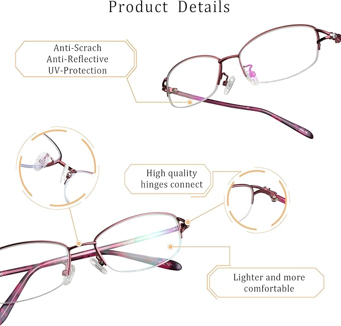 LifeArt Alloy Semi-Rimless Reading Glasses,Blue Light Blocking Glasses, Anti Eyestrain, Computer Gaming Glasses, TV Glasses for Women Men, Anti Glare (Red, +1.50 Magnification)