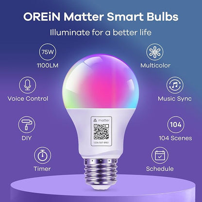 OREiN Matter Smart Light Bulb, 1100 Lumens 75W Equivalent Smart Light Bulbs, Color Changing Light Bulbs Work with Apple Home, Alexa, Google Home, SmartThings, A19 Smart Bulbs 2.4Ghz WiFi, 2Pack
