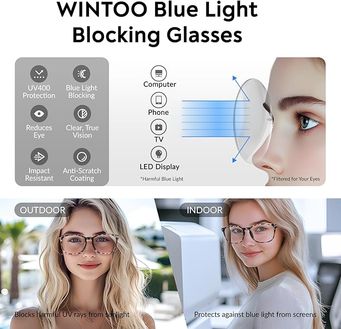 Blue Light Glasses for Woman Men | 99% Blue Light Blocking Glasses for Computer Gaming TV Phone Screen Square Frame | Anti Eyestrain & UV Glare Protection - 2 Pair