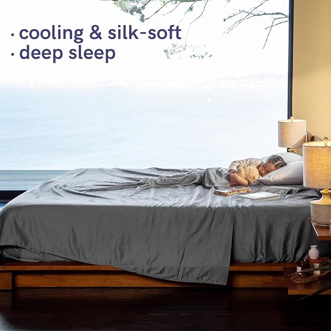 YnM Cooling Bed Sheet Set with 100 Percent Rayon Derived from Bamboo, 500TC Fabric with 2 Pillowcases and Flat Sheet, Deep Pocket Fit 19'', Silky-Soft & Sweat Wicking, 4 Piece (King,Dark Grey)
