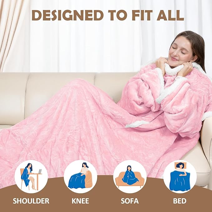 Wearable Heated Blanket with Foot Pocket, 52"x72" Electric Blanket with Sleeves for 12 Hours Timer6 Heat Settings, Flannel & Sherpa, Pink