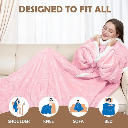 Wearable Heated Blanket with Foot Pocket, 52"x72" Electric Blanket with Sleeves for 12 Hours Timer6 Heat Settings, Flannel & Sherpa, Pink