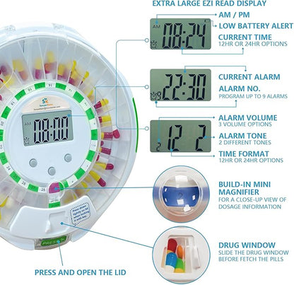 28-Day Bluetooth Automatic Pill Dispenser with Visual & Audio Alerts, 9 Dosage Templates, up to 9 Alarms/Day, Medication Organizer w/Lock Key for Vitamins, Prescriptions & More, Clear Lid