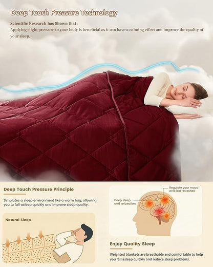 L'AGRATY Queen Size Weighted Blanket for Adults 15lbs, 60"x80" — Cooling Breathable Heavy Blanket with Glass Beads for Sleeping Perfect Hot Sleepers & Couples Machine Washable All-Season Wine Red