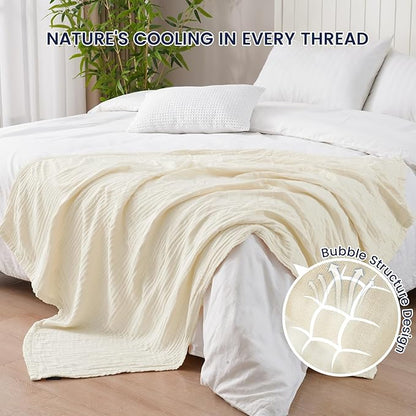 PHF Cooling Muslin Throw Blanket for Hot Sleepers, 60% Rayon Derived from Bamboo, 40% Cotton for Summer, 4-Layer Breathable Gauze Blanket for Bed Couch, 50"x60", Natural/Shortbread