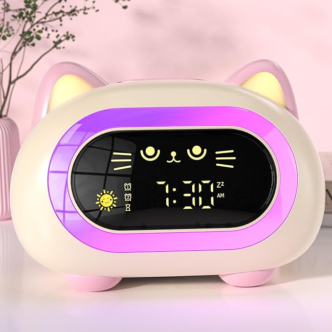 Alarm Clock for Kids, Kids Alarm Clocks for Girls with Sleep Training Dual Alarm Eye Protection Auto Off Timer 10 Color Night Light, Cat Ok to Wake Clock, Gifts for Kids Girls