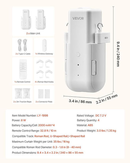 VEVOR Automatic Curtain Opener, 2 Pack, APP and Remote Control, Hub Included, Electric Smart Curtain Opener Compatible with Alexa and Google Home, Timed Opening and Closing, for Roman Rods, U/I Rails