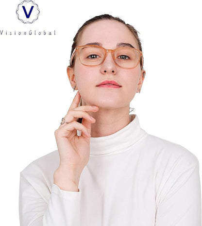 VisionGlobal Blue Light Blocking Glasses for Women and Men, Anti Eyestrain, Computer Reading, TV Glasses, Stylish Square Frame, Anti UV, Anti Glare(Champagne,No Magnification)