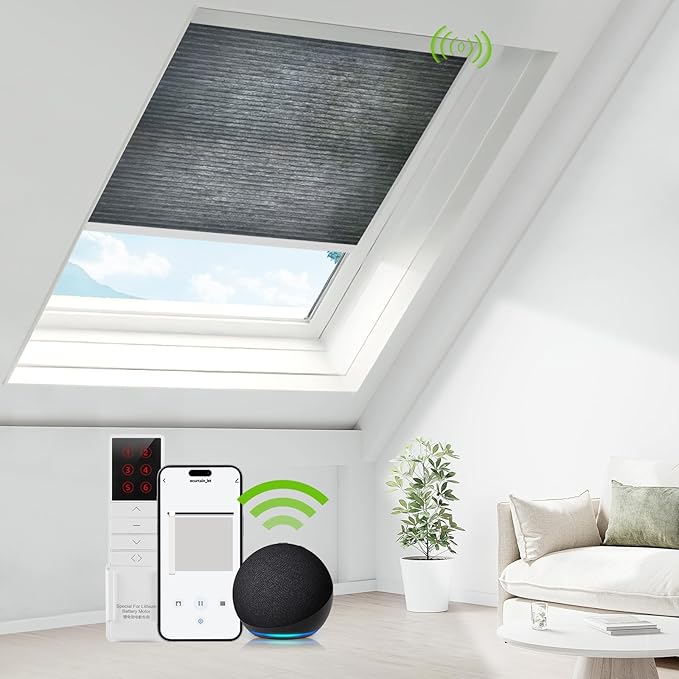 ZSTARR Motorized Skylight Shades Blackout Cellular Honeycomb Electric Blinds with Solar Panel Cordless Rechargeable with Remote for Roof and Slanted Windows Custom Size (Sheer Silver Steel)