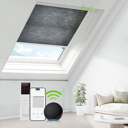 ZSTARR Motorized Skylight Shades Blackout Cellular Honeycomb Electric Blinds with Solar Panel Cordless Rechargeable with Remote for Roof and Slanted Windows Custom Size (Sheer Silver Steel)