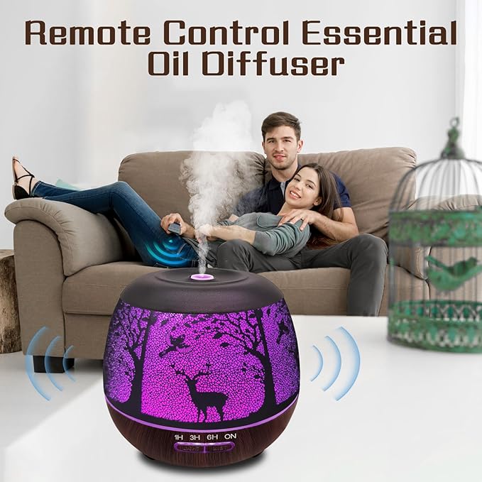 Essential Oil Diffuser for Bedroom,Diffusers for Home with Remote Control,Cool Mist Humidifier Large Room，Ultrasonic Scent Diffuser Waterless Auto Off,7 Colors Light & 3 Mist Modes for Desk Deer