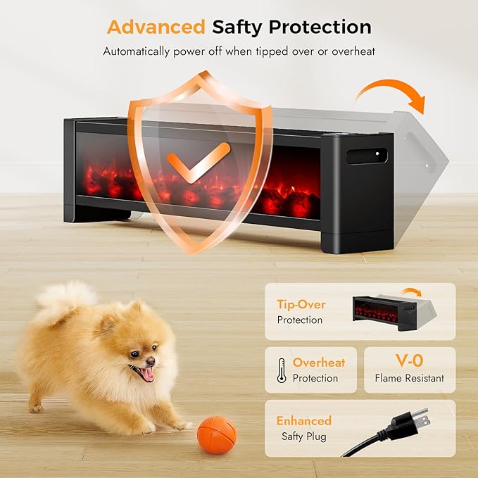 Baseboard Heater with Flame - 1000W Electric Fireplace Heater with Realistic 3D Flame Effect, Adjustable Thermostat Space Heater for Large Room, Office, Bedroom, Tip-Over & Overheat Protection