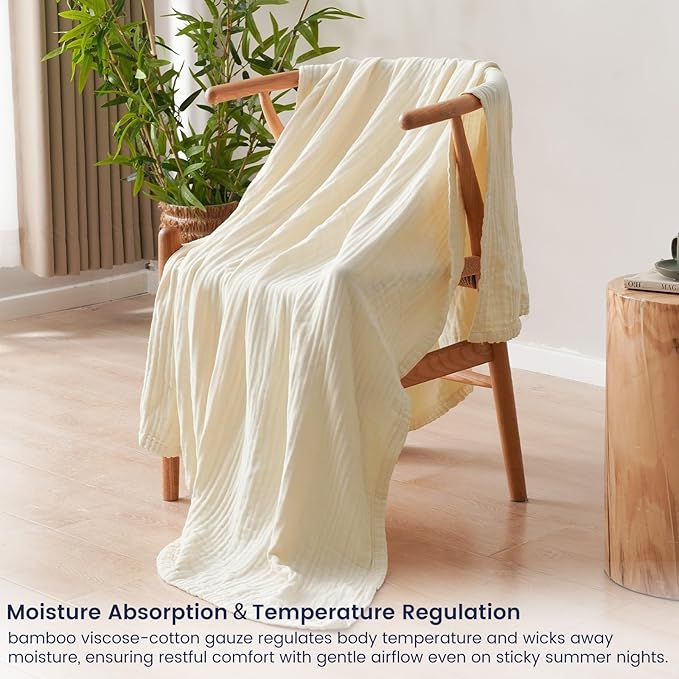 PHF Cooling Muslin Throw Blanket for Hot Sleepers, 60% Rayon Derived from Bamboo, 40% Cotton for Summer, 4-Layer Breathable Gauze Blanket for Bed Couch, 50"x60", Natural/Shortbread