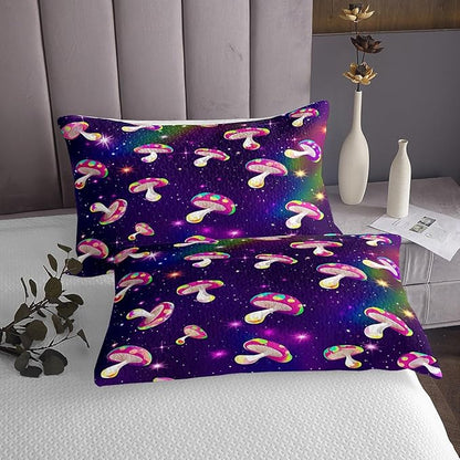 Manfei Mushroom Sheet Set Full,Starry Sky Galaxy Universe Bed Sheet 4pcs with Deep Pocket Fitted Sheet + Flat Sheet + 2 Pillowcases Plant Botanical Theme Bedding Set for Kids Teens Room Decor,Purple