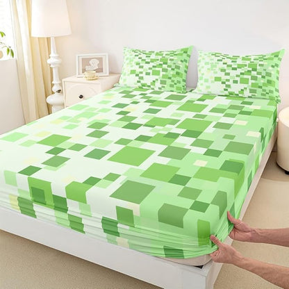 Pixelated Check Kids Queen Size Fitted Sheet,Patchwork Grid Video Games Room Decor,Lattice Geometric Abstract Boys Girls Bed Sheets,Green Bedding Set,2 Pillowcases(No Flat)