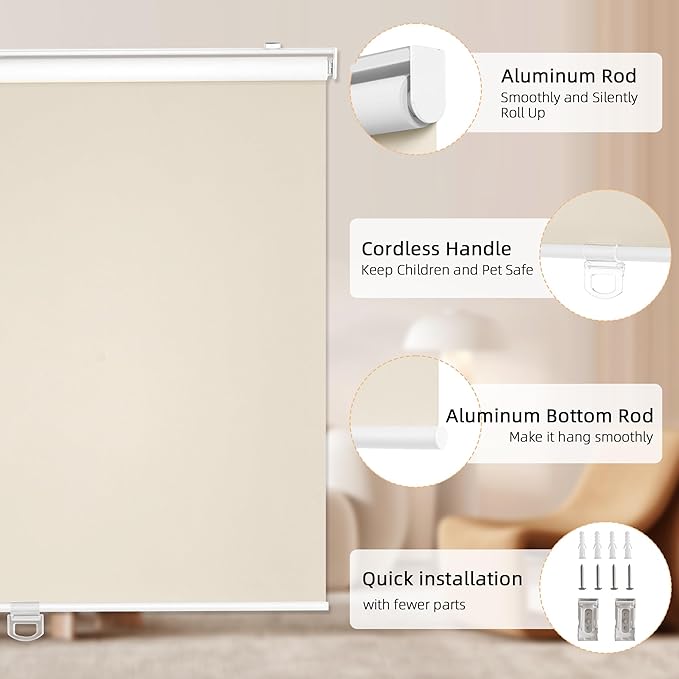 ChrisDowa Cordless Blackout Roller Shades for Windows, Thermal Insulated UV Protection Pull Down Shades, Total Blackout Window Blinds for Home, Office, Bedroom, Door (23" W x 72" H, Beige)