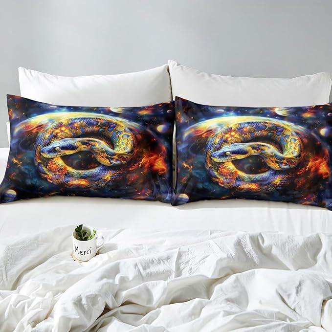 Snake Fitted Sheet Queen Size,Starry Sky Galaxy Nebula Planets Trippy Bedding Set,Boys Girls Room Decor,Reptile Animals Outer Space Mystical Bed Cover,Watercolor Bed Sheet,2 Pillowcases