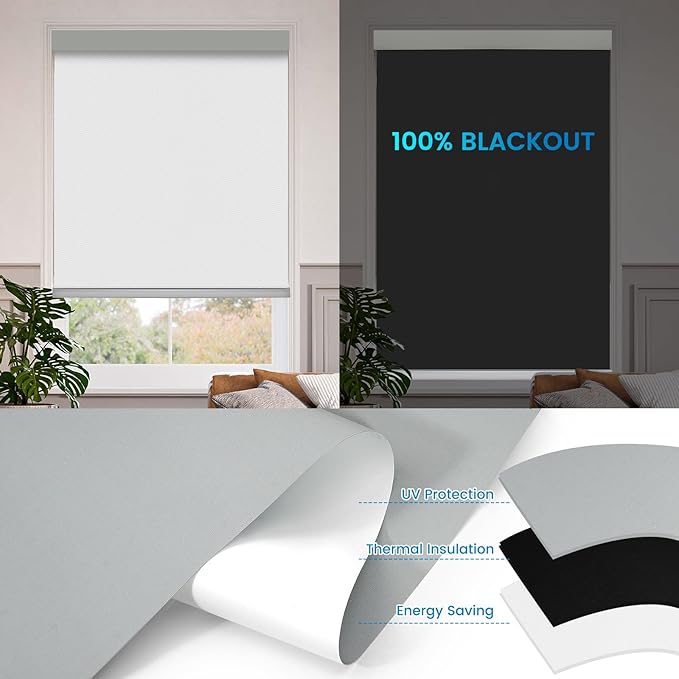 Motorized 100% Blackout Roller Shades – Custom Smart Blinds with Remote Control, Rechargeable Battery or Plug-in Motor, Tuya WiFi Optional, Home & Office Automatic Window Shades (Ash White/CH9391)