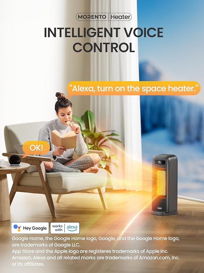MORENTO Space Heaters for Indoor Use, Electric Portable Heater for Bedroom with Thermostat, WiFi Voice Control, 36dB Quiet 4 Modes 12H Timer, 1500W PTC Ceramic Heater for Office Home 1Pack Black
