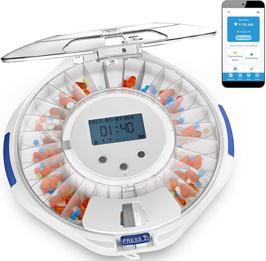 Adamson TimelyMed Smart Pill Dispenser with Alarm - WiFi App Monitoring - 28-Day Medicine Dispenser for Elderly & Alzheimer's Care - Automatic with Lock Key - New Version