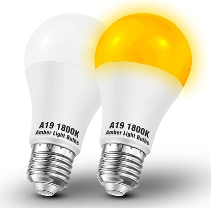 A19 Amber Sleep Light Bulbs, 1800K Warm Light Bulb 60W Equivalent, Blue Light Blocking, 9W 800lm, E26 Bright Amber Light Bulb for Healthy Sleep, Bedroom, Porch, Patio Lighting, Non-Dimmable, 2 pack