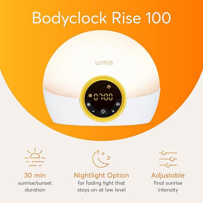 Lumie Bodyclock Rise 100 - LED Wake-Up Light Alarm Clock with Realistic Sunrise and Sunset, Dimmable, White/Yellow