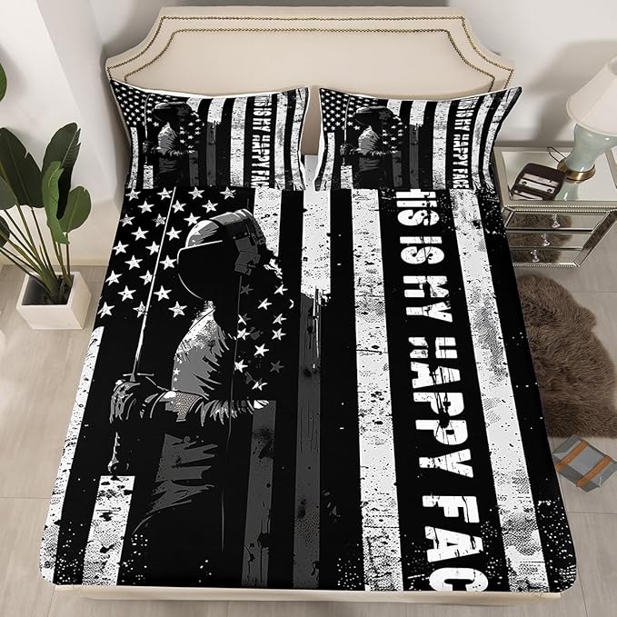 Manfei Fencing Fitted Sheet Queen Size, Sword Fighting Sports Theme Bedding Set 3pcs, American Flag Fencer Bed Cover with 2 Pillowcases, Kids Boys Teens Room Decor, Soft Bedding(No Top Sheet)