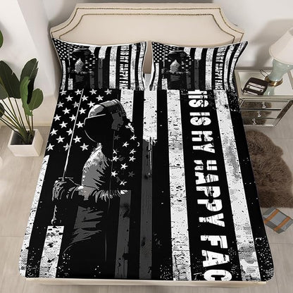 Manfei Fencing Fitted Sheet Queen Size, Sword Fighting Sports Theme Bedding Set 3pcs, American Flag Fencer Bed Cover with 2 Pillowcases, Kids Boys Teens Room Decor, Soft Bedding(No Top Sheet)
