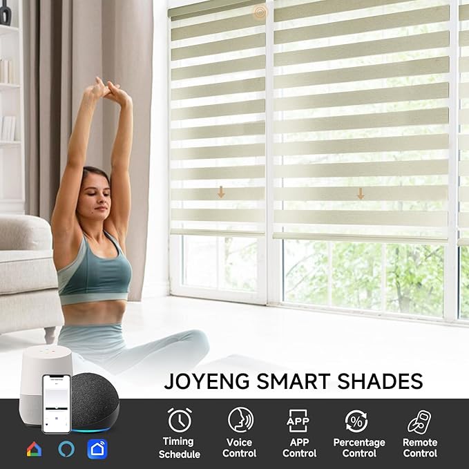 Motorized Zebra Blinds, Cordless Blackout Window Shades with Remote, Custom Dual Layer Smart Roller Shades Compatible with Alexa Google Assistant, Automatic Light Filtering Window Blinds,Beige