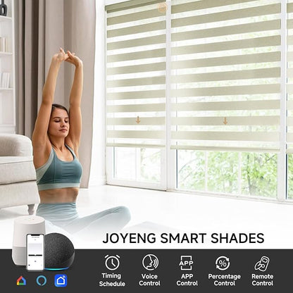 Motorized Zebra Blinds, Cordless Blackout Window Shades with Remote, Custom Dual Layer Smart Roller Shades Compatible with Alexa Google Assistant, Automatic Light Filtering Window Blinds,Beige