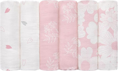 GLLQUEN BABY Receiving Blanket Boy Cotton Muslin Swaddle Blankets Girl Newborn Squares Breathable & Soft Thin Baby Blankets Cloths Double Absorbent Infant Swaddling Wrap - 6 Pack (Rosebud)