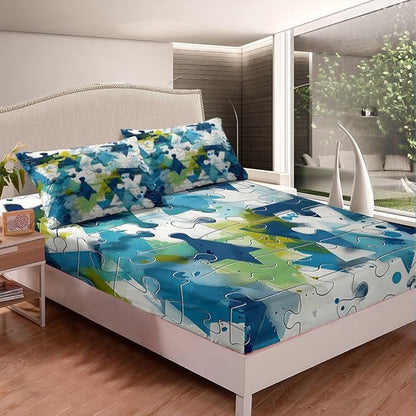 Manfei Abstract Geometric Bed Sheet King Set,Watercolor Blue Green Paint Sheet Sets Room Decoration,Modern Geometric Grids Lines Splicing Bedding Set with Flat,Fitted Sheet,2 Pillow Cases