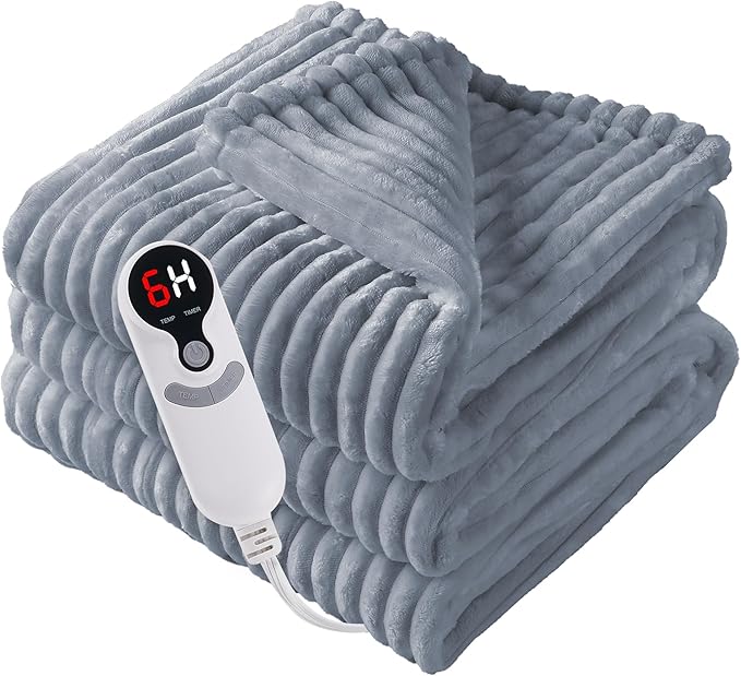 Electric Heated Blanket Full Size 72"x84" with Cozy Flannel, 6 Heat Settings & 10 Hours Auto Off, Soft & Cozy Warming Throw for Home, Office, or Bed, Machine Washable, Grey