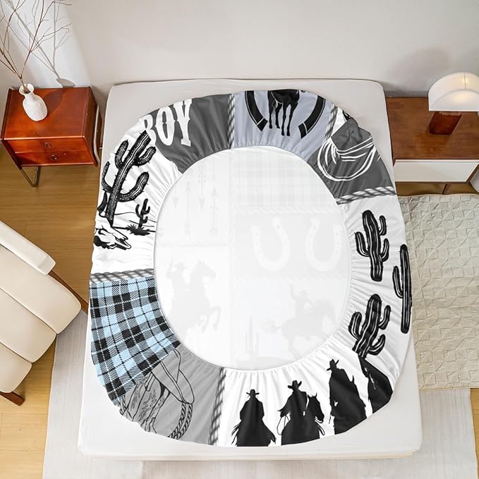 Western Cowboy Kids Sheet Queen Size,Horseshoes Cactus Rustic Farmhouse Bedding Set,Boys Girls Adults Room Decor,Arrow Geometric Plaids Blue Retro Bed Sheet Set 4pcs(Fitted + Flat + 2 Pillowcases)