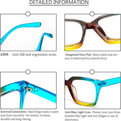 DXYXYO Reading Glasses 2.0 Women Blue Light Blocking, Oprah Style Square Oversized Computer Readers 3 Pack Retro Fashion, Blue+pink+brown