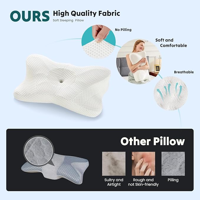 DUMOS Cervical Neck Pillow, Cooling Ergonomic Memory Foam Pillows for Neck Pain Relief with Breathable Pillowcase, Dual Height Orthopedic Support Contour Pillow for Side, Stomach Sleepers, White