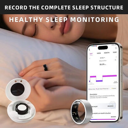 Smart Ring Titanium Fitness Sleep Tracker Health Monitoring Blood Pressure Blood Oxygen for iPhone and Android 7 Days Batterty Life (Silver, 7) Full Charge First Use