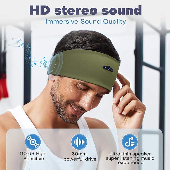 Sleep Headphones Bluetooth Headband for Side Sleeper, 17 Hour Playtime, Wireless Headband Headphones with HD Stereo Speakers for Workout,Running,Yoga, Ideal Gifts for Men, Women, Teens, Olive