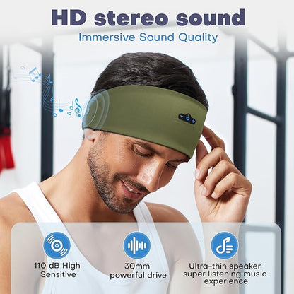 Sleep Headphones Bluetooth Headband for Side Sleeper, 17 Hour Playtime, Wireless Headband Headphones with HD Stereo Speakers for Workout,Running,Yoga, Ideal Gifts for Men, Women, Teens, Olive