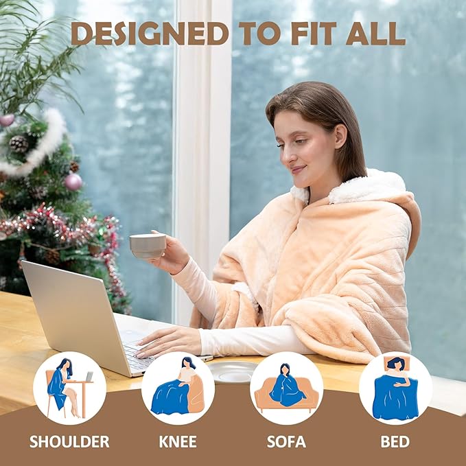 Wearable Heated Blanket, 40"x70" Eletric Throw with 6 Heating Levels and 12 Hours Timer, Heated Wrap Poncho Shawl & Hoodies with Pockets, Machine Washable with ETL Certification, Beige