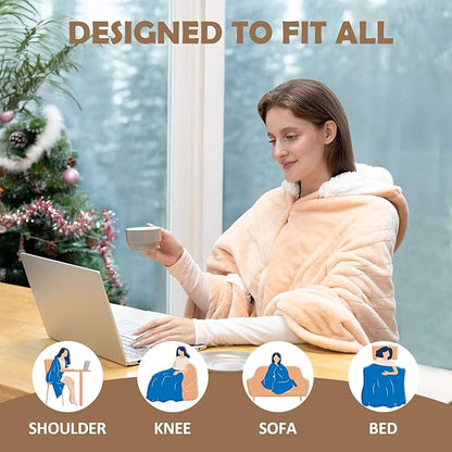 Wearable Heated Blanket, 40"x70" Eletric Throw with 6 Heating Levels and 12 Hours Timer, Heated Wrap Poncho Shawl & Hoodies with Pockets, Machine Washable with ETL Certification, Beige