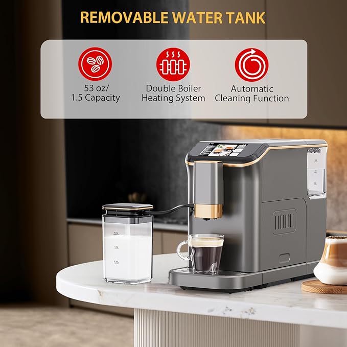 Espresso Maker With Milk Frother - Fully Automatic, 4-Beverage Options, Built-In Grinder, Intuitive Touch Display, and Sleek Gunmetal Finish