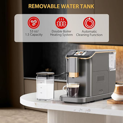 Espresso Maker With Milk Frother - Fully Automatic, 4-Beverage Options, Built-In Grinder, Intuitive Touch Display, and Sleek Gunmetal Finish