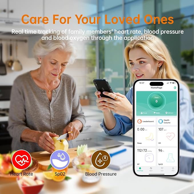 Smart Ring for Women & Men, Health Tracker Ring with Heart Rate, Blood Oxygen,Blood Pressure, IP68 Waterproof Fitness Ring, Sleep Tracker for iPhone and Android, No APP Fee (Orange, 9#)