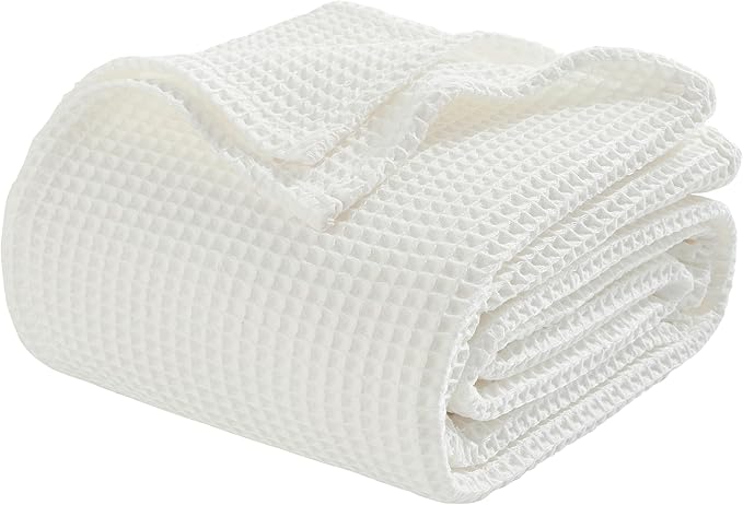 Chlophy Waffle Weave Throw Blanket Twin Cotton Bamboo Cooling Throw Cozy Lightweight Breathable Knit Decorative for Couch, Sofa, Bed, Living Room, White, 60"x80"