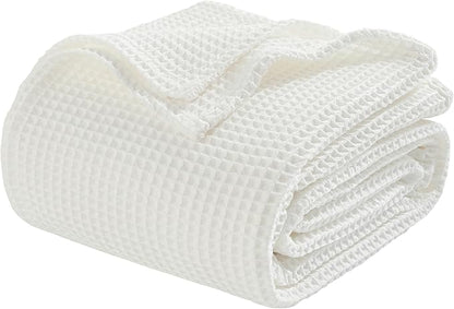 Chlophy Waffle Weave Throw Blanket Twin Cotton Bamboo Cooling Throw Cozy Lightweight Breathable Knit Decorative for Couch, Sofa, Bed, Living Room, White, 60"x80"
