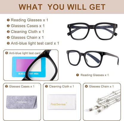Reading Glasses for Men Women Blue Light Blocking with Spring Hinge, Blocking Readers Anti UV Ray Filter Eyeglasses, Square Computer Reader Glasses, Black, +1.5