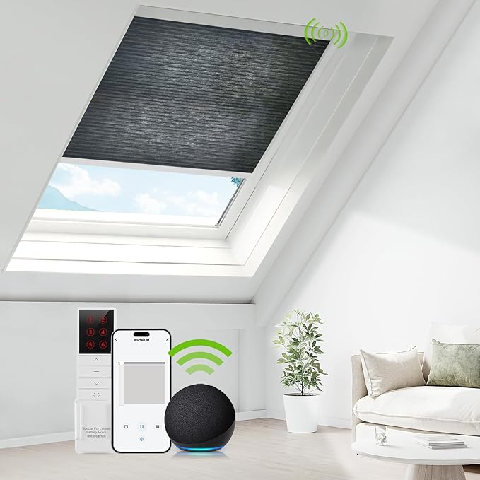 ZSTARR Motorized Skylight Shades Blackout Cellular Honeycomb Electric Blinds with Solar Panel Cordless Rechargeable with Remote for Roof and Slanted Windows Custom Size (Sheer Gunmetal)